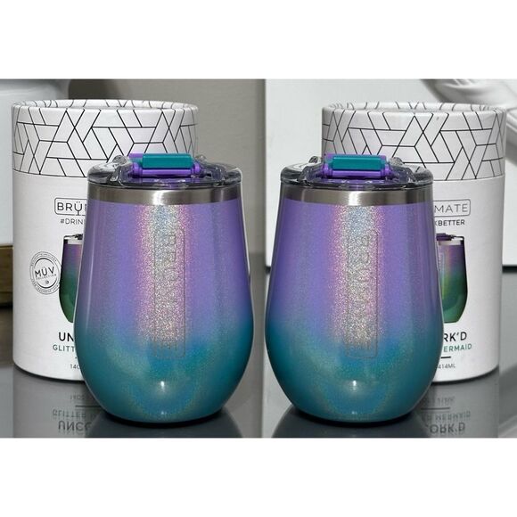 SET OF 2- BRUMATE UNCORK'D XL 14oz WINE TUMBLERS, GLITTER MERMAID - Picture 1 of 6